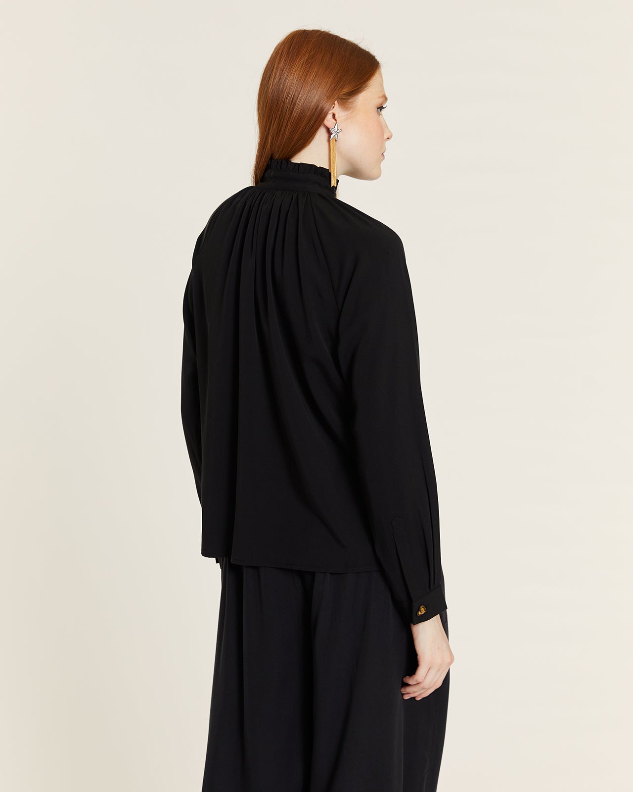 BLACK BUTTON-UP HIGH NECK BLOUSE