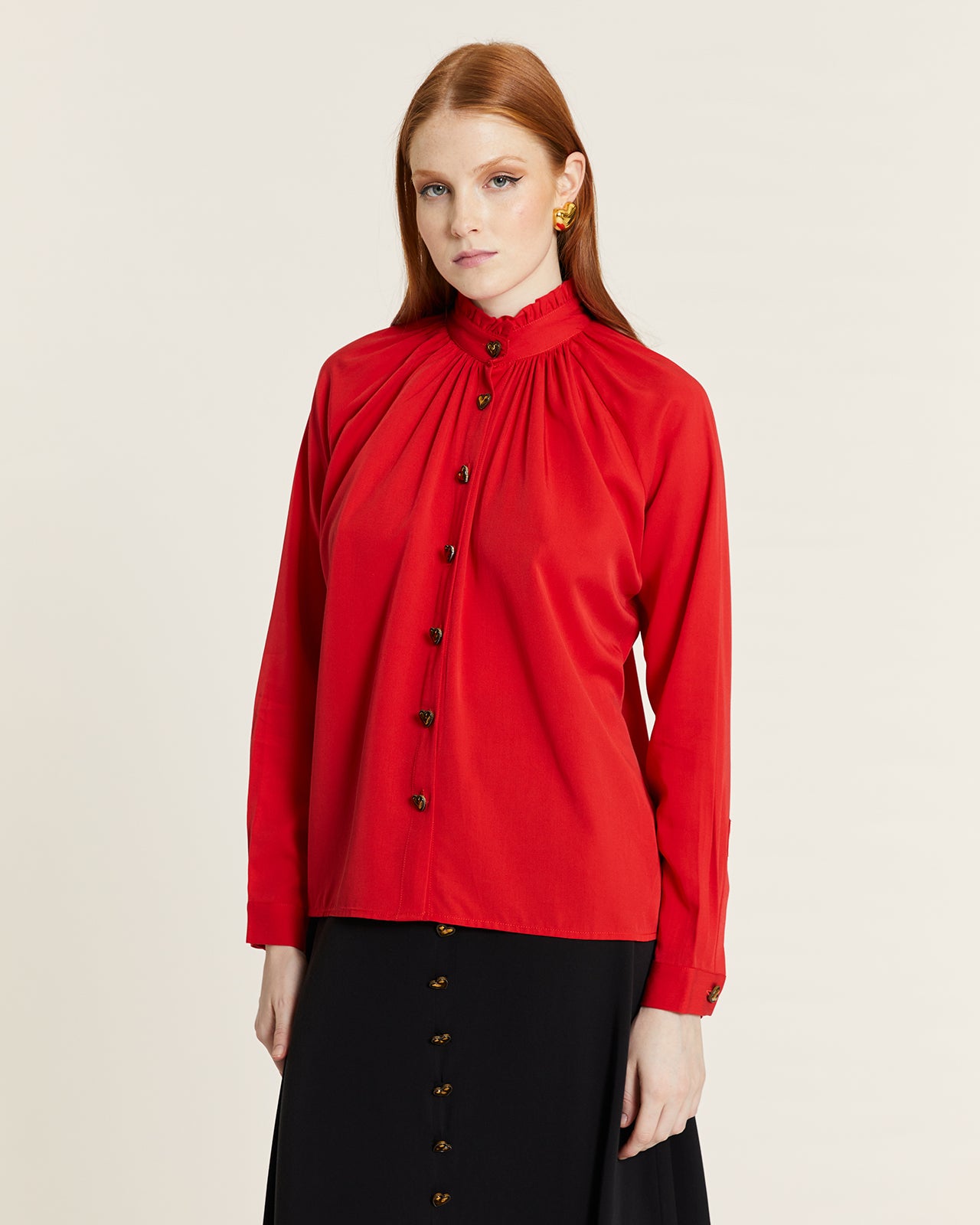 HIGH NECK BLOUSE WITH RED BUTTON