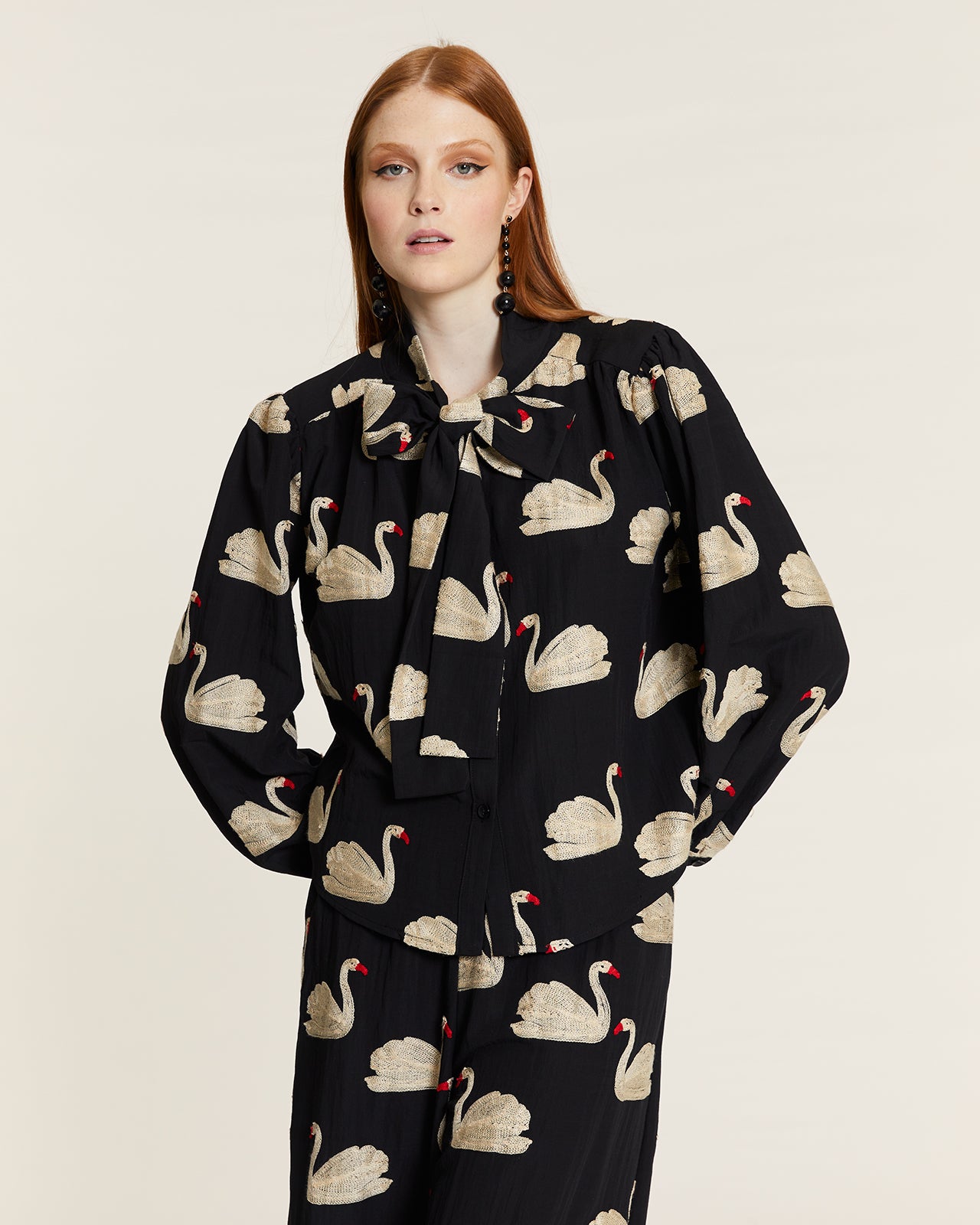 SHIRT WITH BOW AND EMBROIDERED SWANS