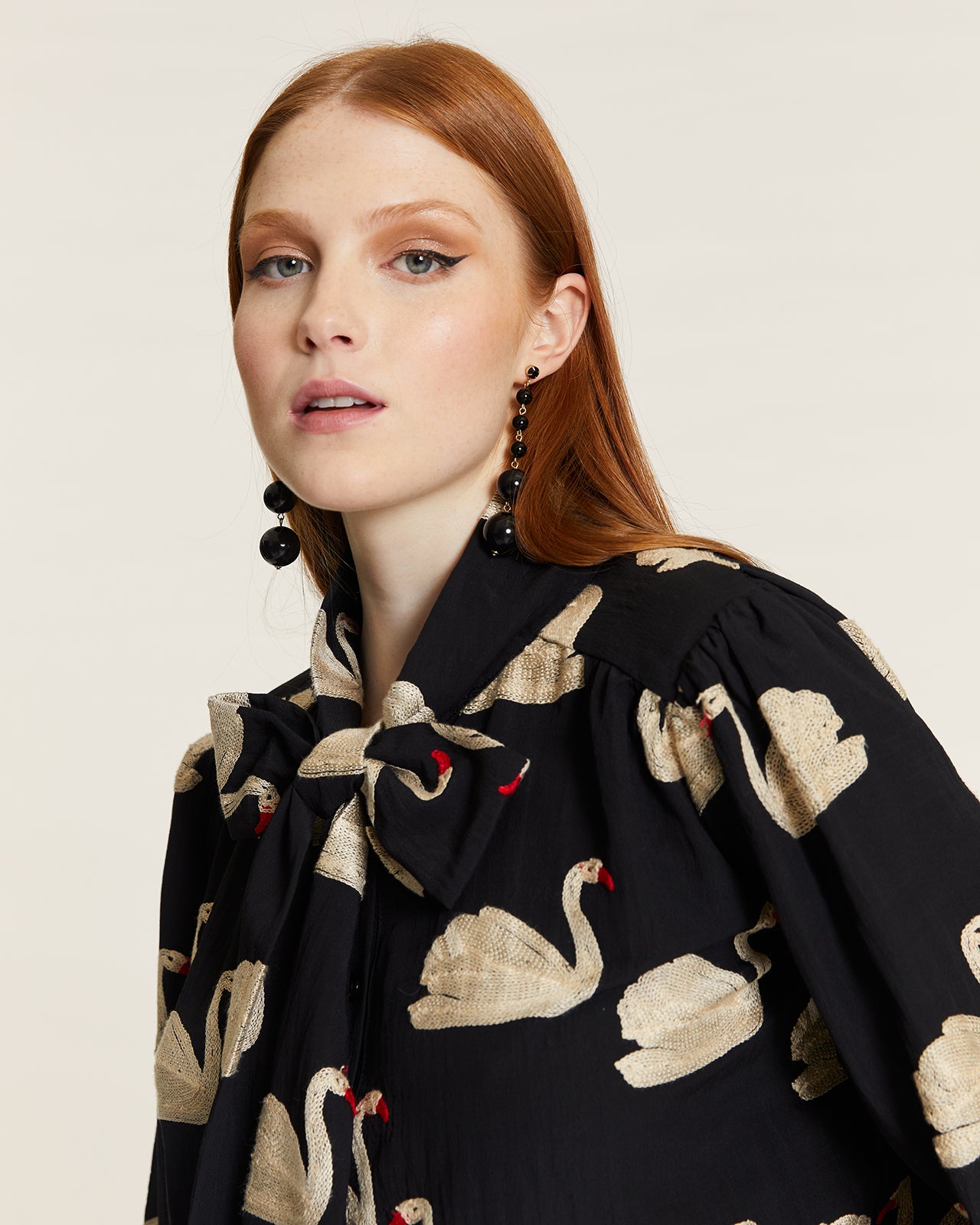SHIRT WITH BOW AND EMBROIDERED SWANS