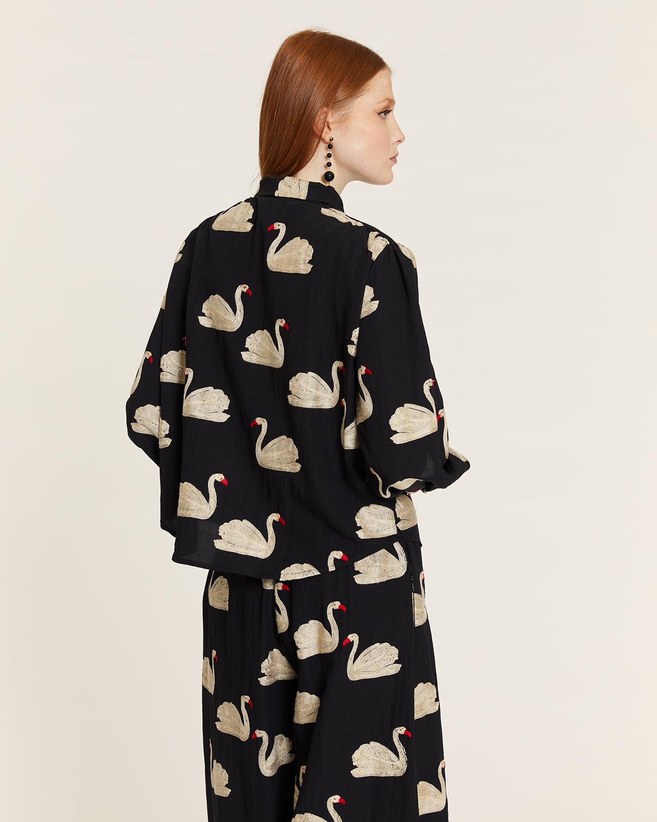SHIRT WITH BOW AND EMBROIDERED SWANS