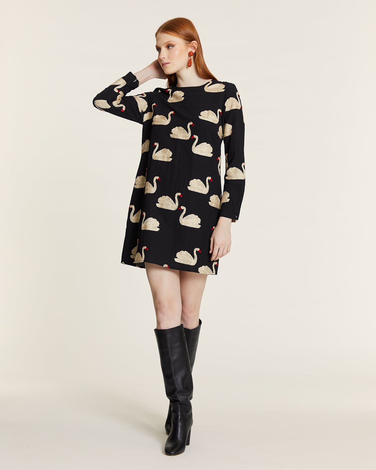 SHORT DRESS WITH EMBROIDERED SWANS