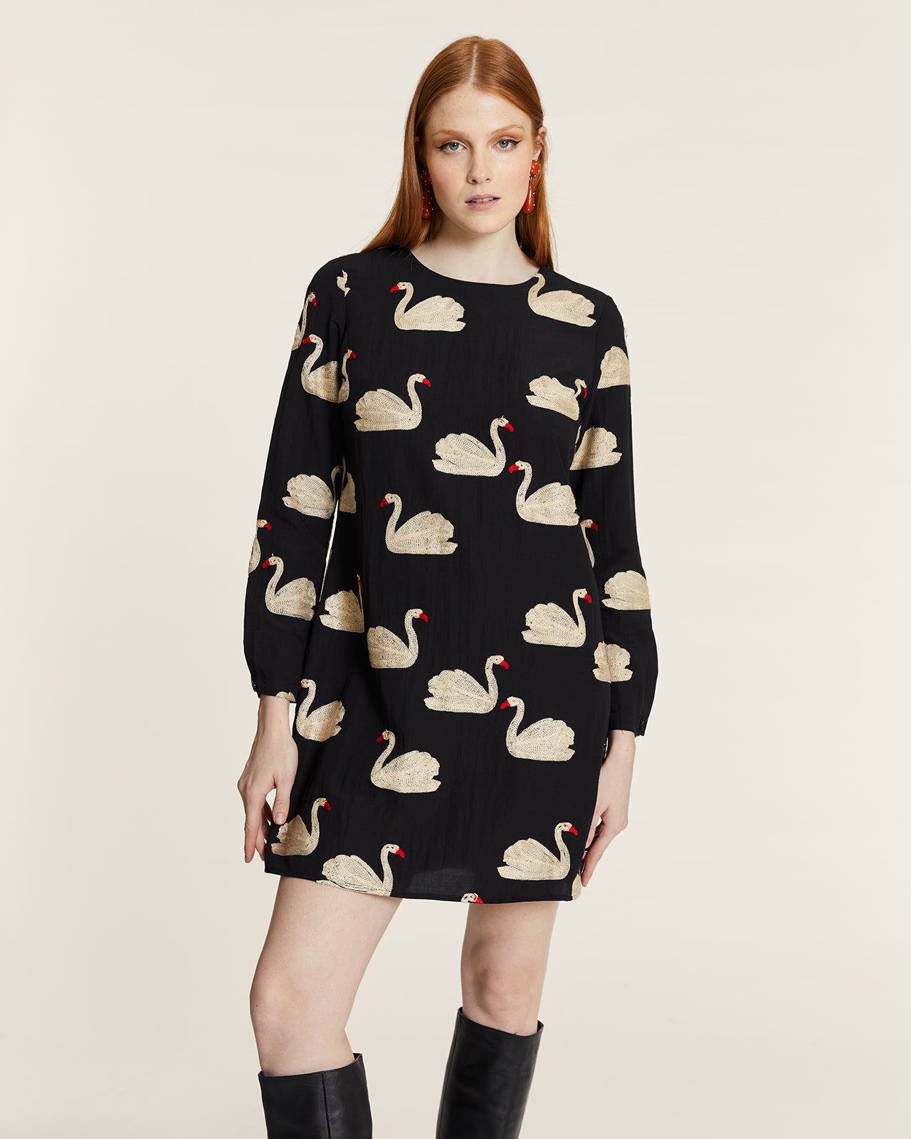 SHORT DRESS WITH EMBROIDERED SWANS