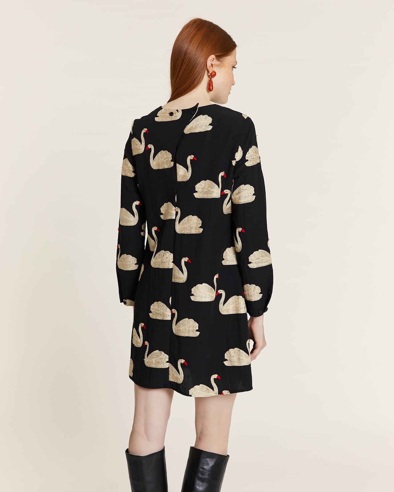 SHORT DRESS WITH EMBROIDERED SWANS