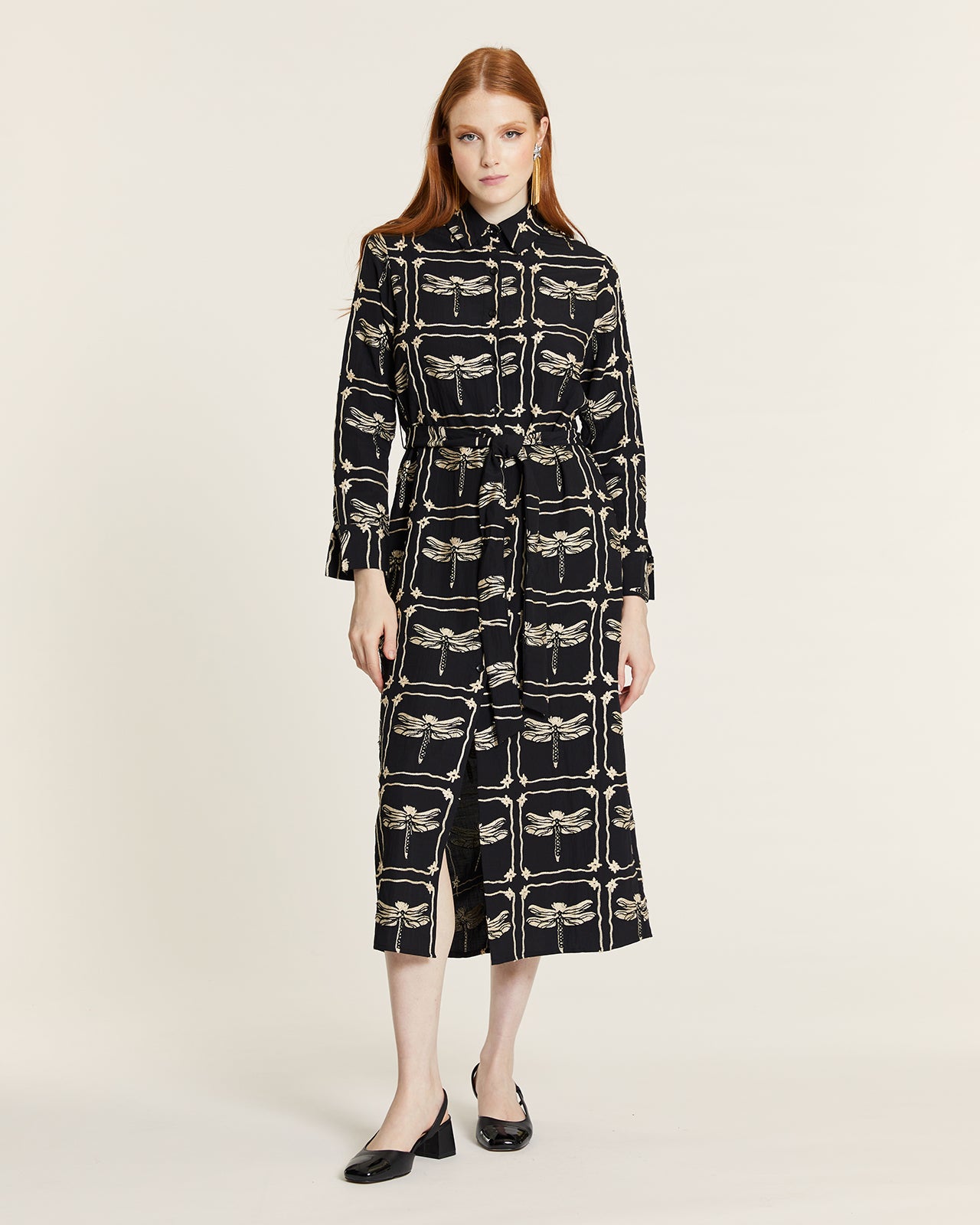 DRAGONFLIES EMBROIDERED BUTTON-UP DRESS