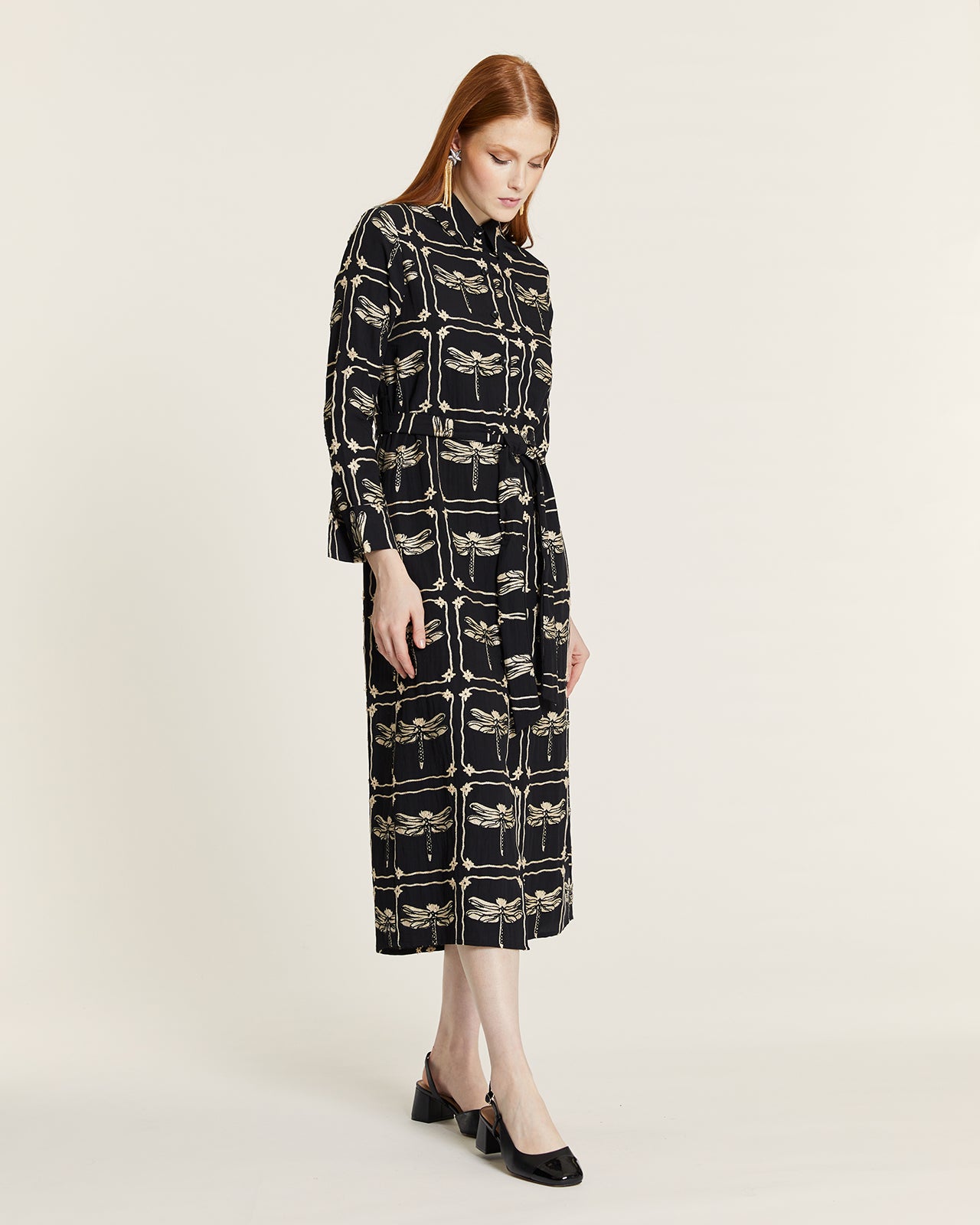 DRAGONFLIES EMBROIDERED BUTTON-UP DRESS