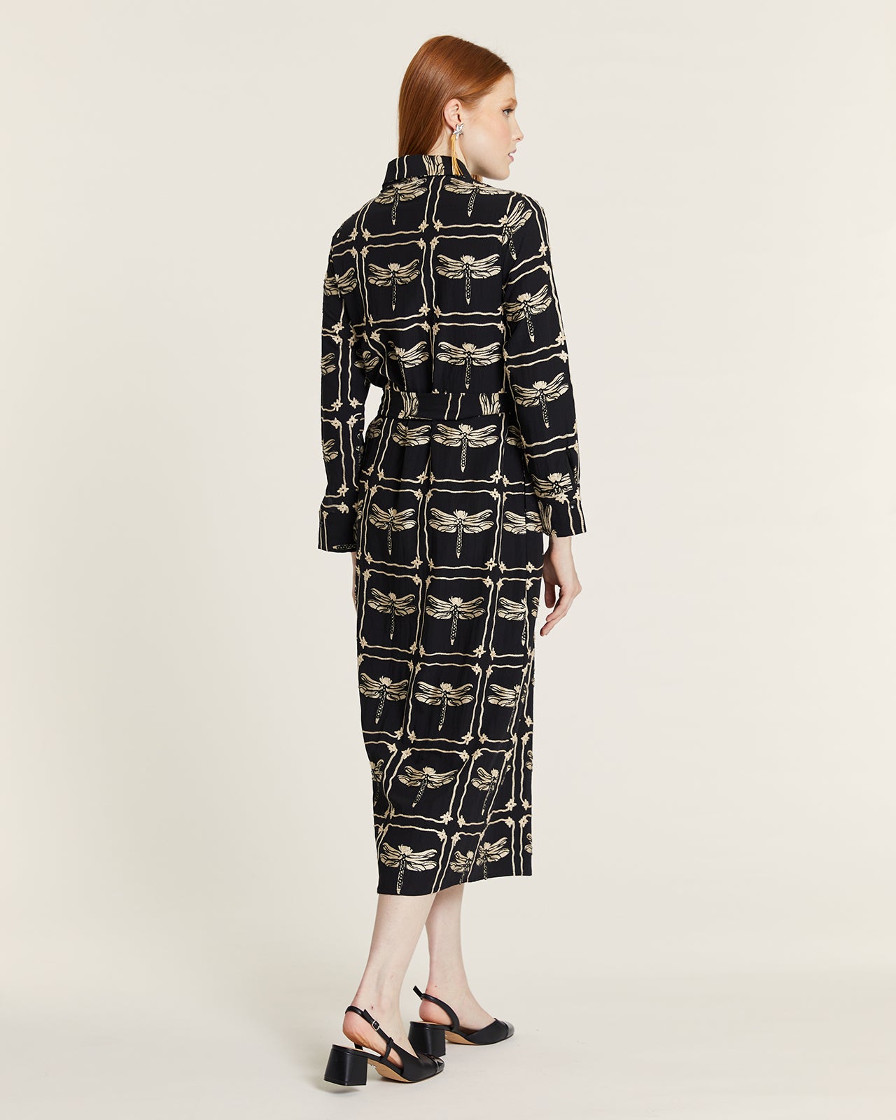 DRAGONFLIES EMBROIDERED BUTTON-UP DRESS