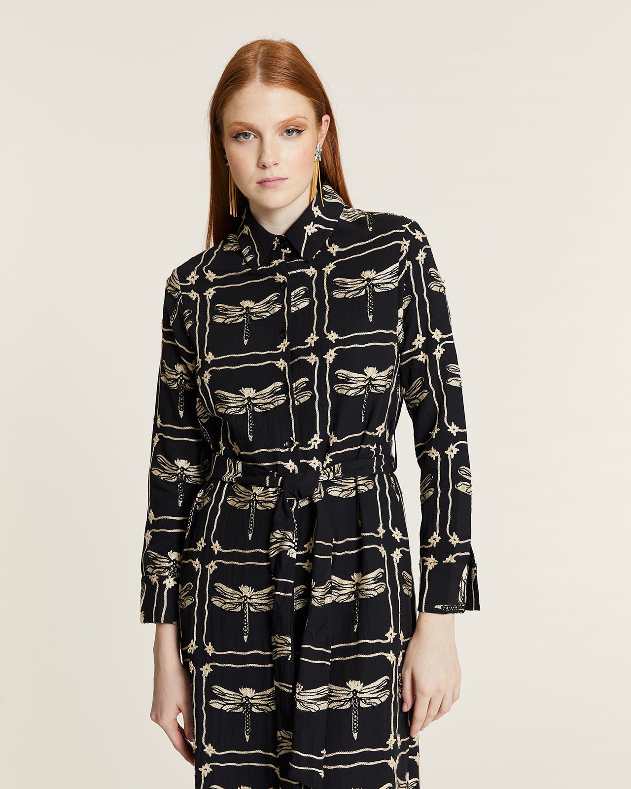 DRAGONFLIES EMBROIDERED BUTTON-UP DRESS