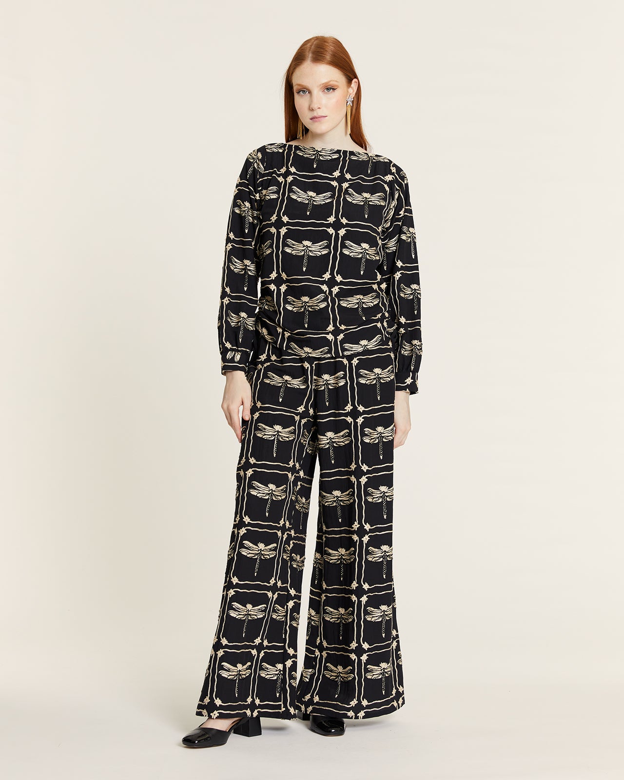 Dragonfly embroidered pants