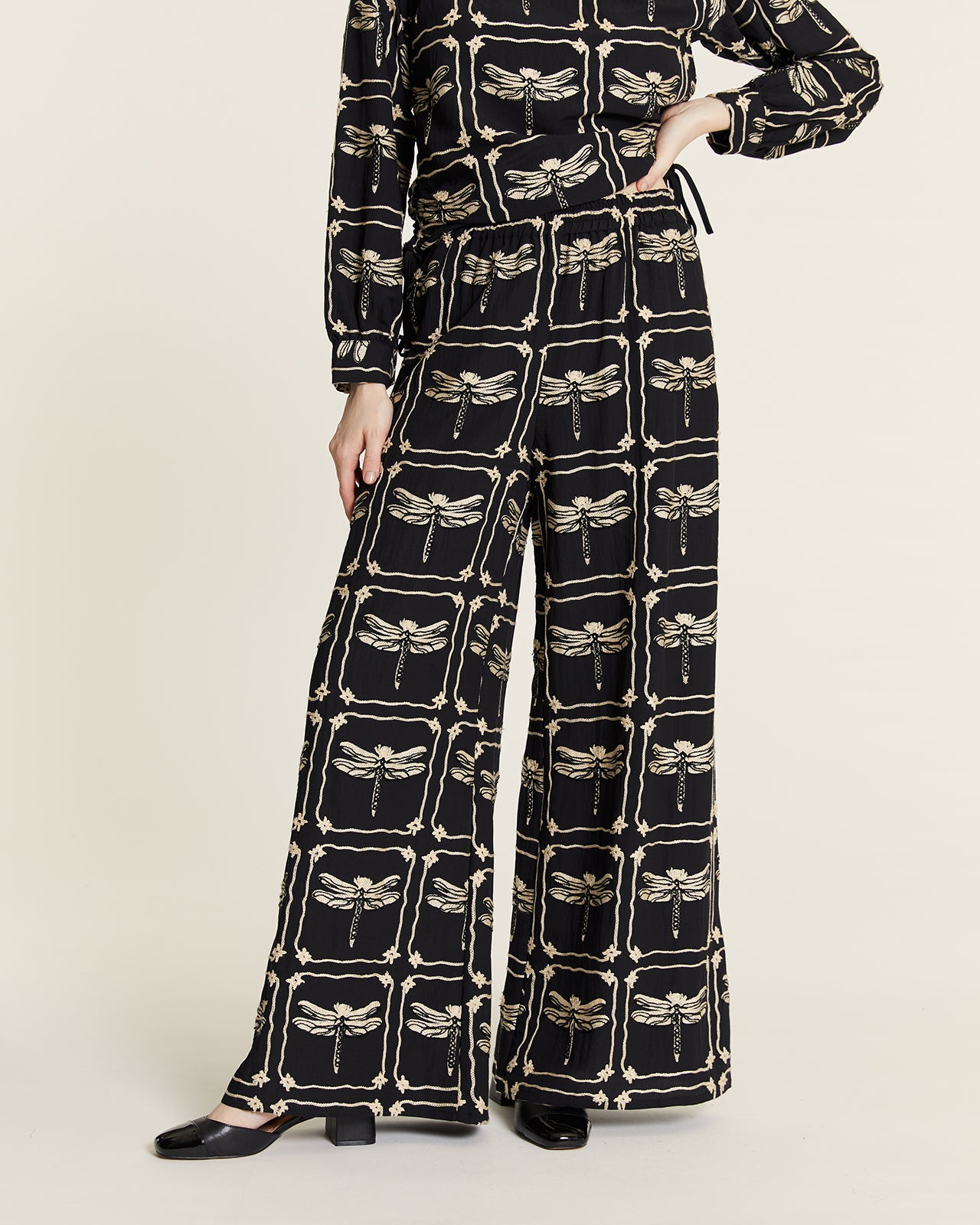 Dragonfly embroidered pants