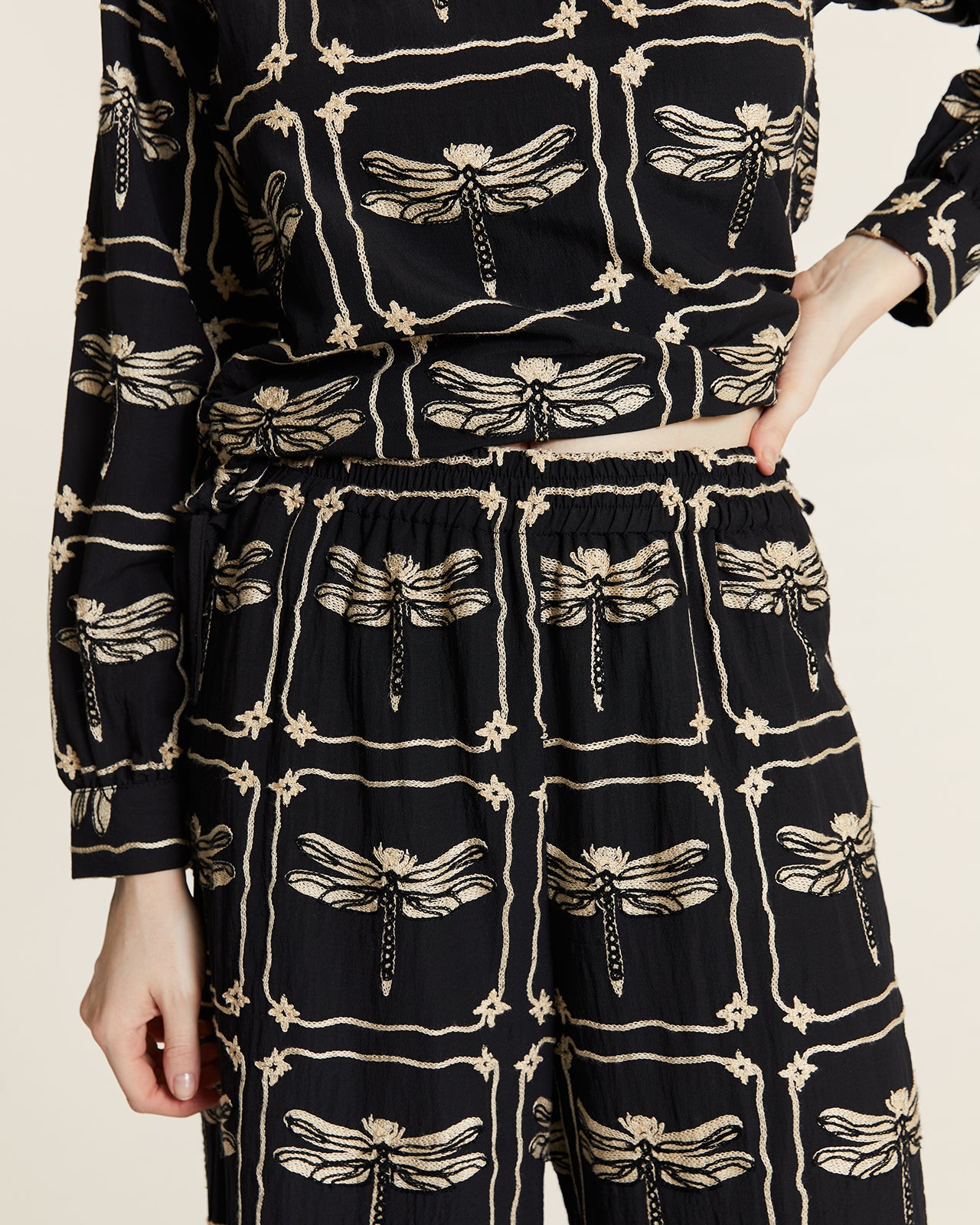Dragonfly embroidered pants