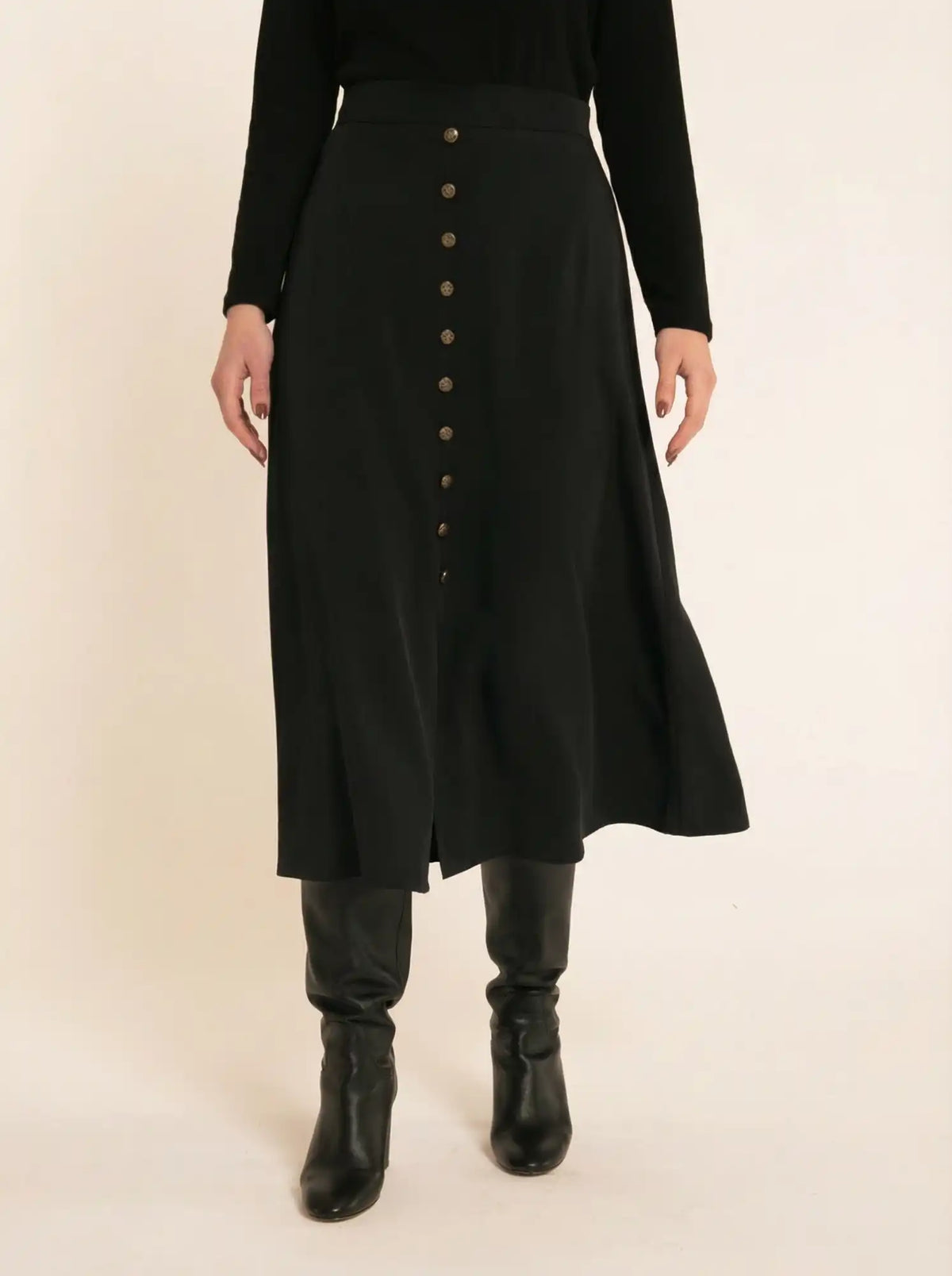 Black A-line button-front skirt