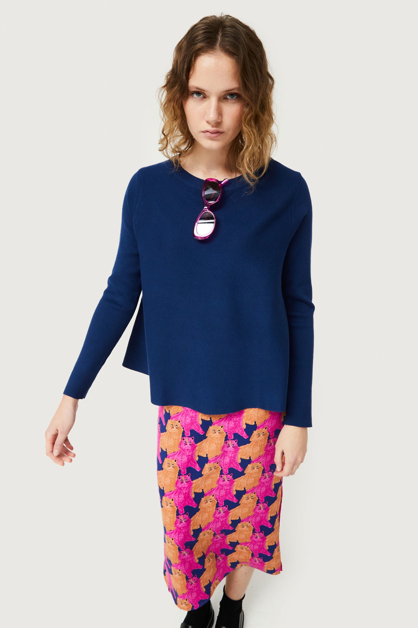 Navy blue flared knit sweater