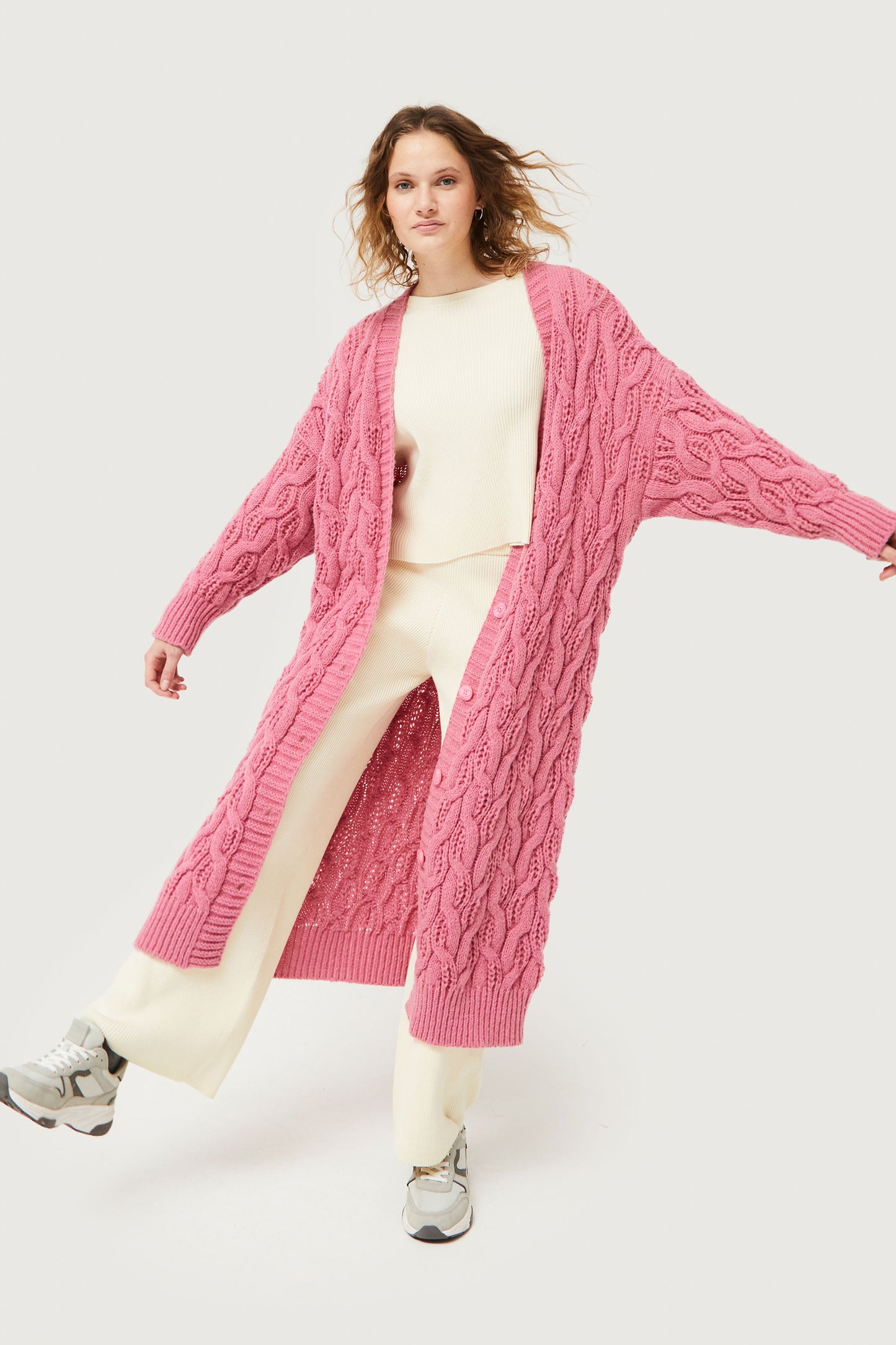 Pink Cable Knit Long Cardigan