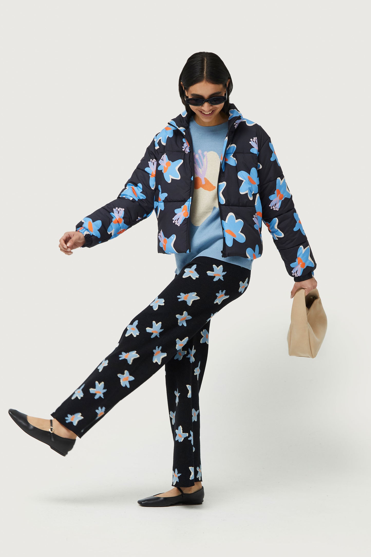 Black Calatea floral print jacquard knit pants