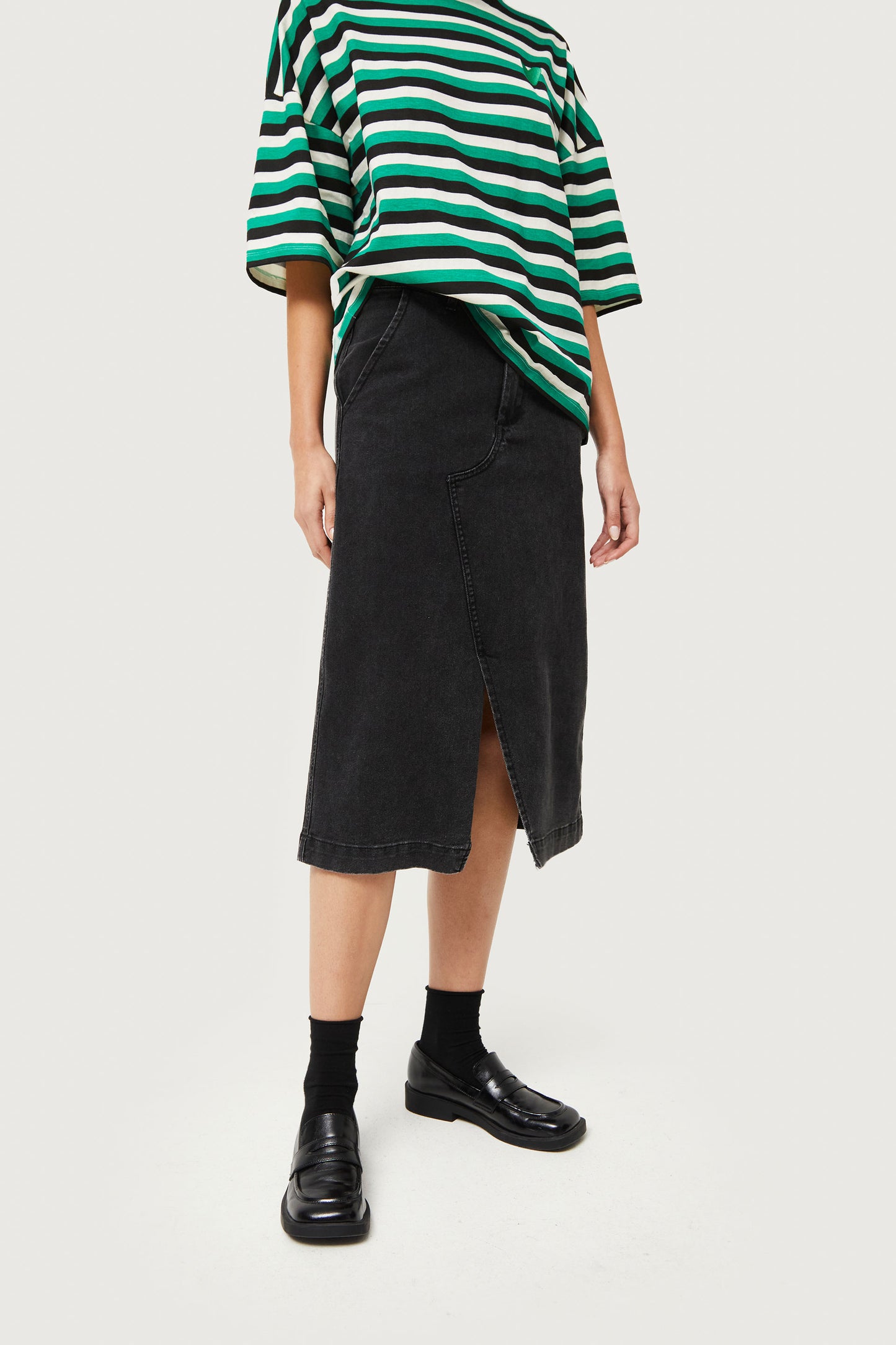 Black denim midi skirt