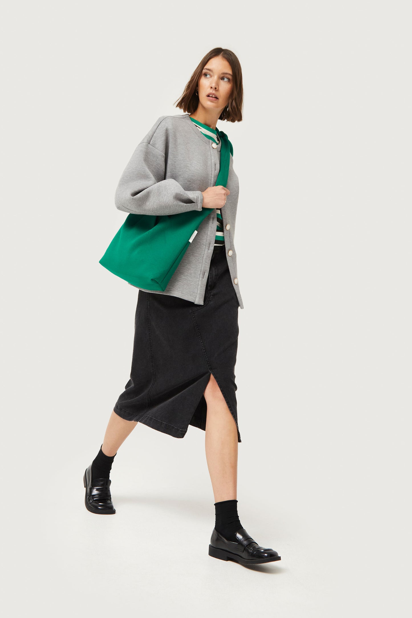 Black denim midi skirt