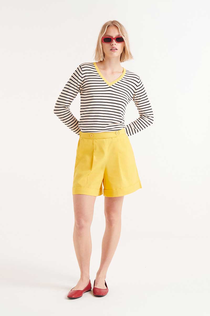 Black striped V-neck sweater