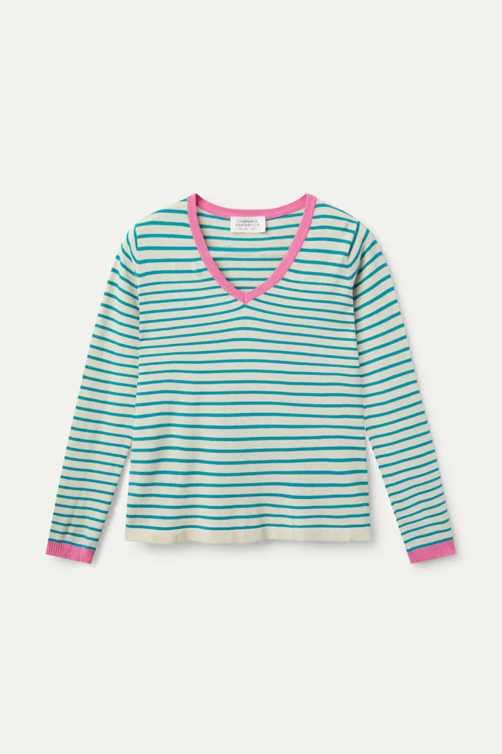 Green striped V-neck sweater