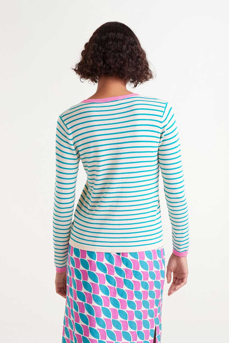 Green striped V-neck sweater