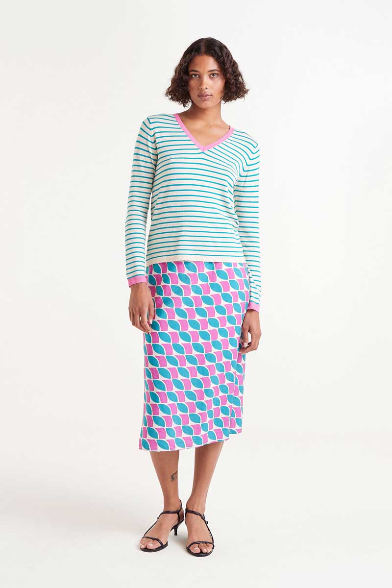 Green striped V-neck sweater