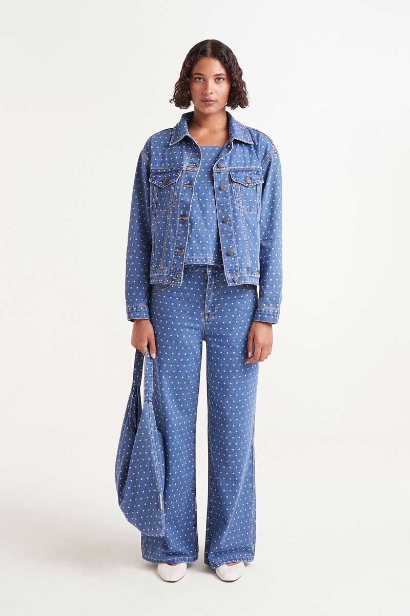 Denim jacket with polka dot print