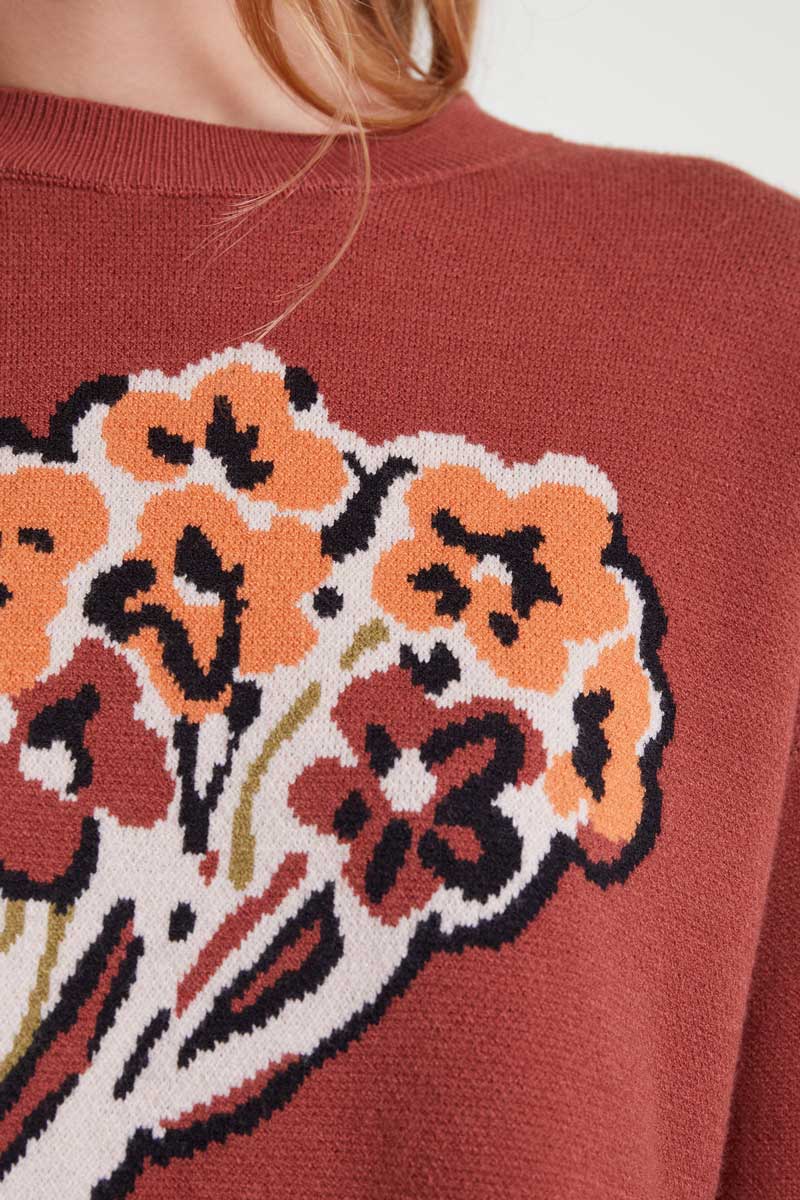 Jacquard knit sweater with bouquet print