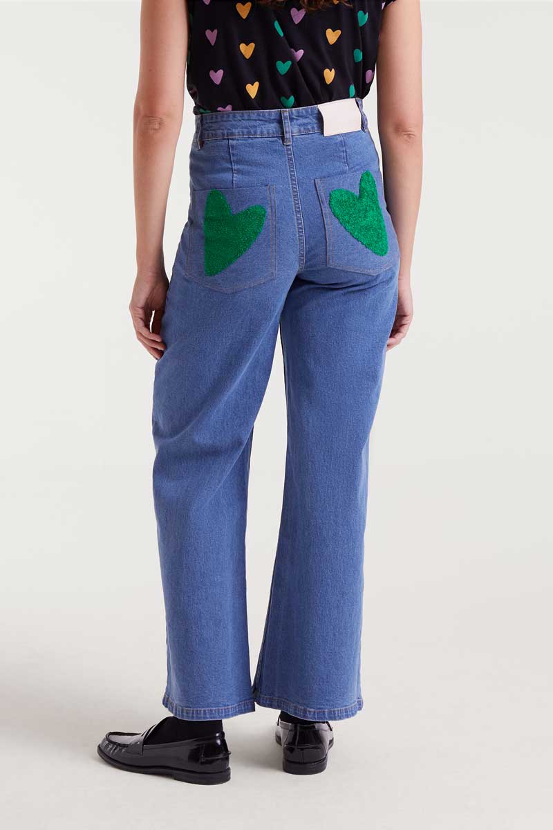 Blue jeans with heart embroidery