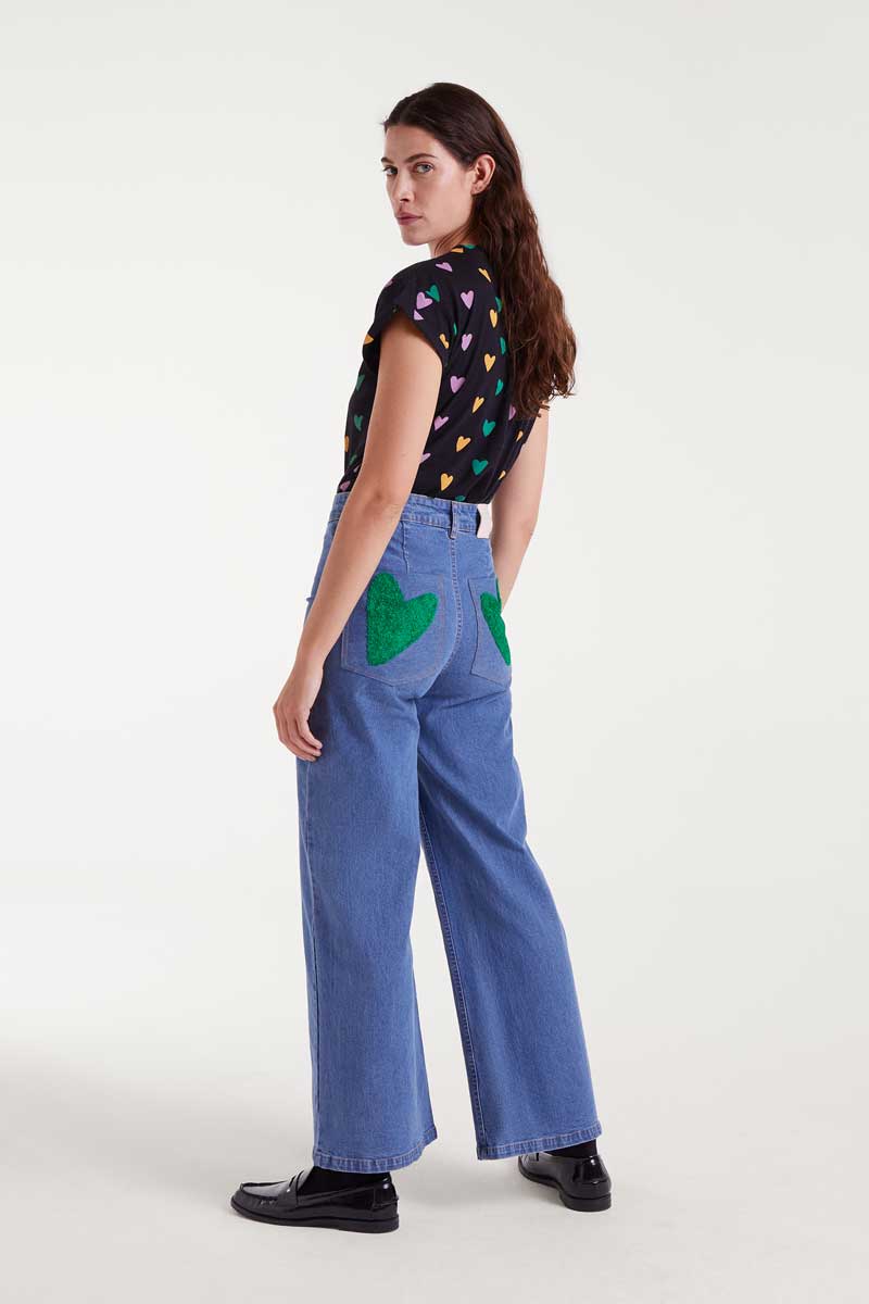 Blue jeans with heart embroidery