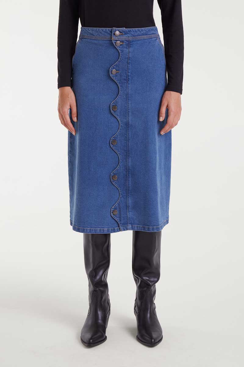 Blue denim midi skirt