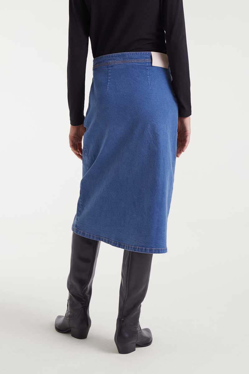 Blue denim midi skirt
