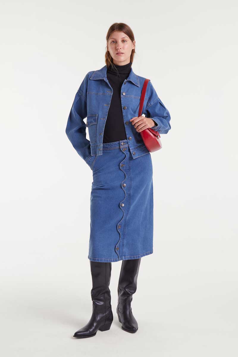 Blue denim midi skirt