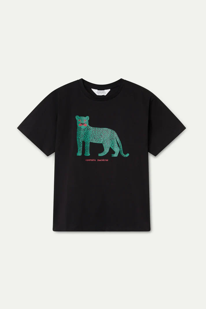 100% cotton black T-shirt with leopard print