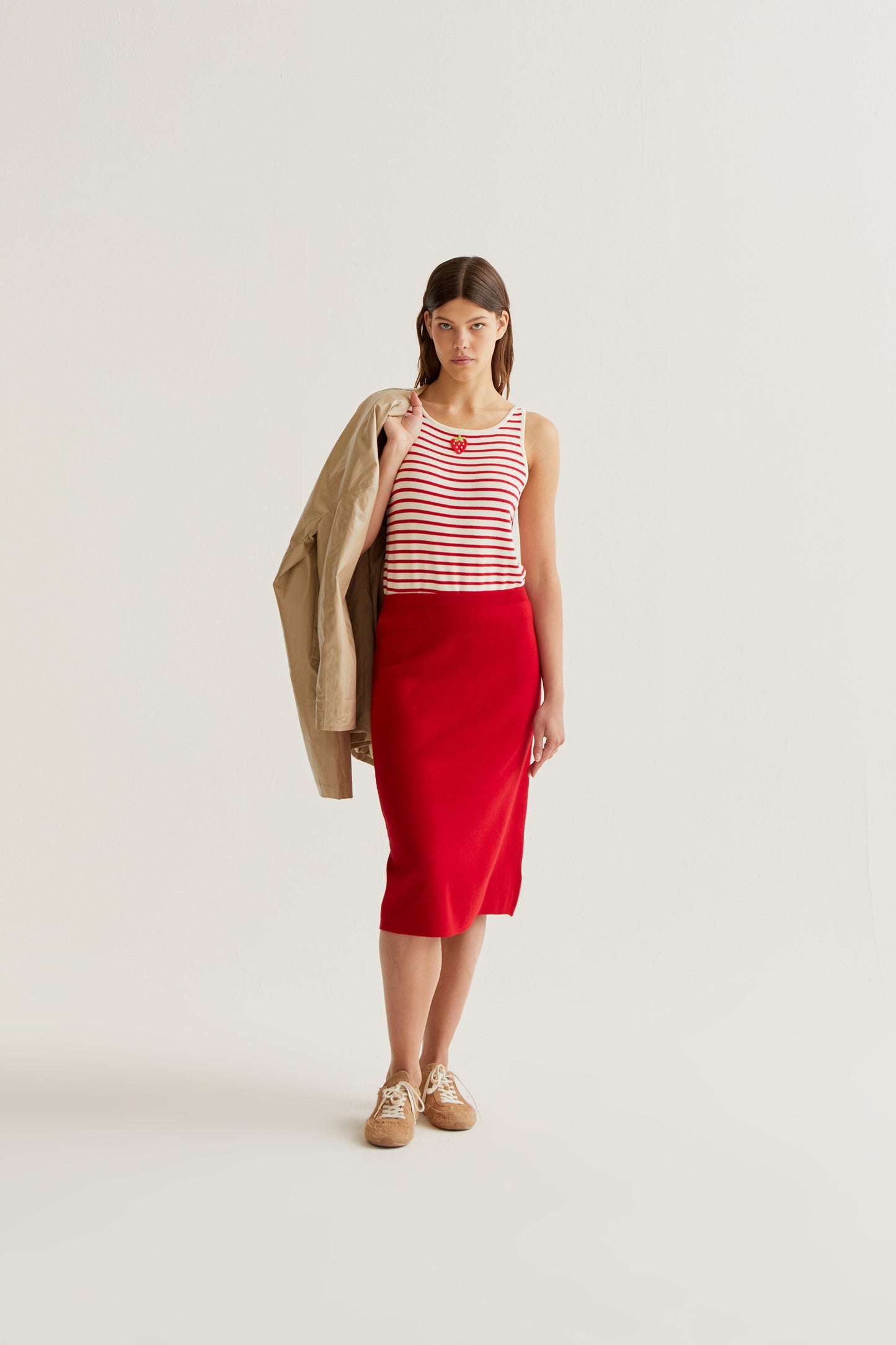 Red knit midi skirt