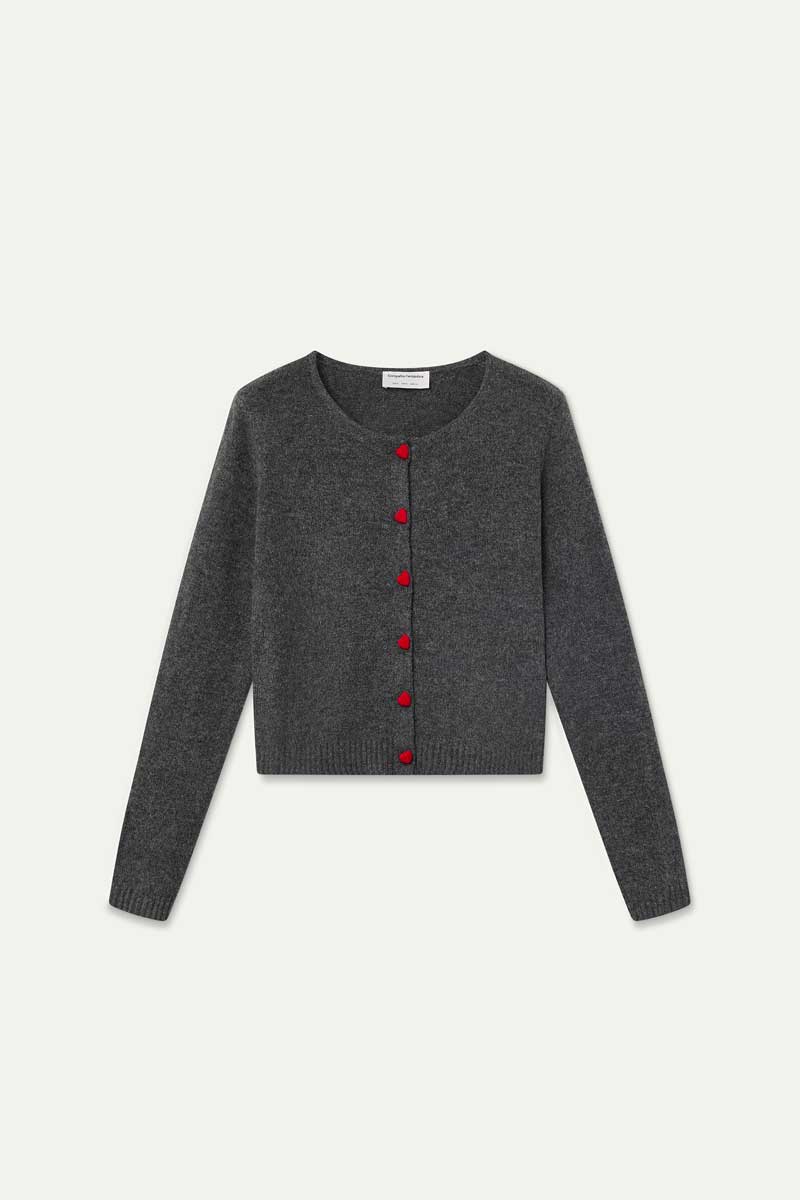 Dark gray cardigan with red heart buttons