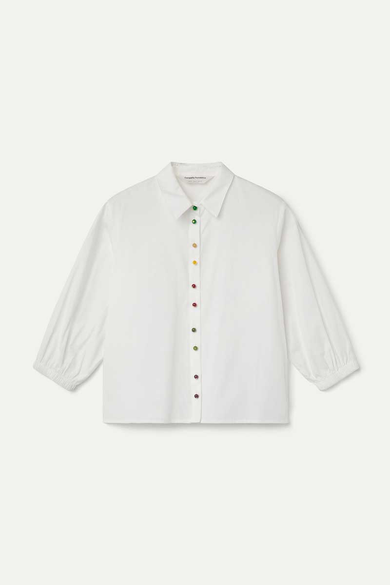100% cotton white shirt with multicolor jewel buttons
