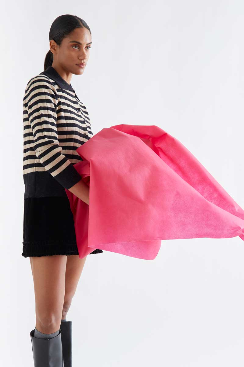 Knitted cardigan with black and beige stripe pattern