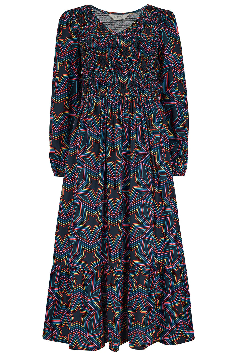 Amberley Midi Shirred Dress - Black, Rainbow Star Explosion