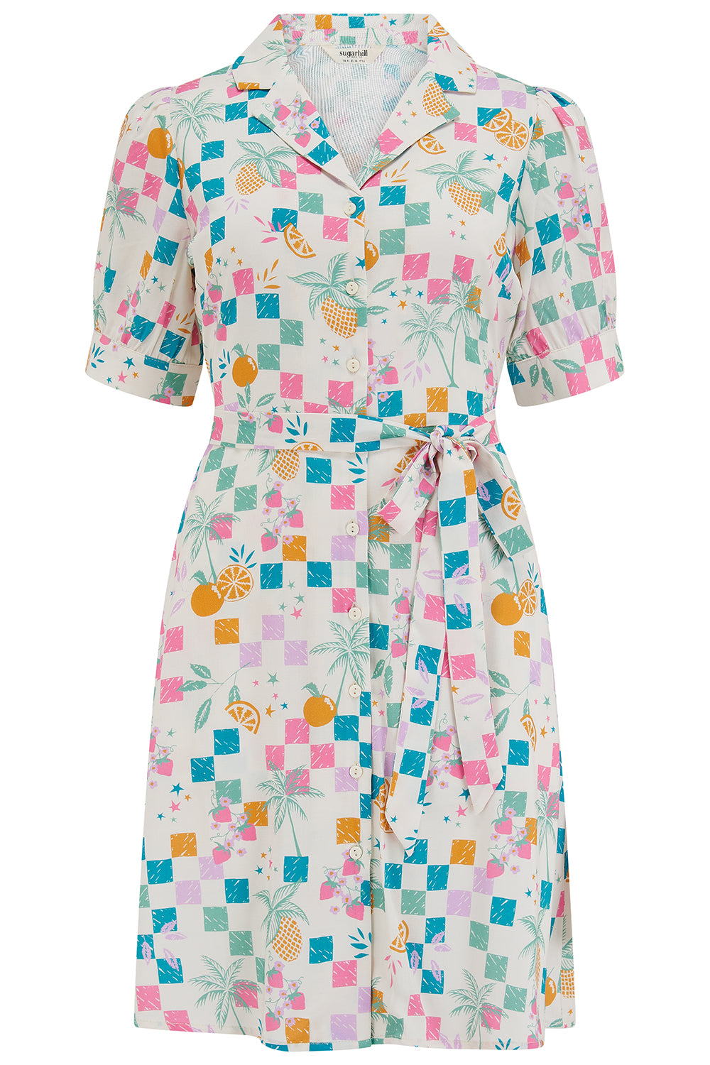Rebekka Mini Shirt Dress - Off White, Fruit Checkerboard