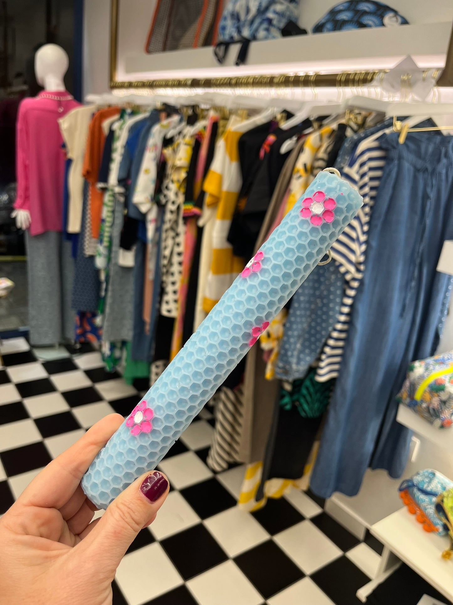 Easter candle handpainted beeswax blue