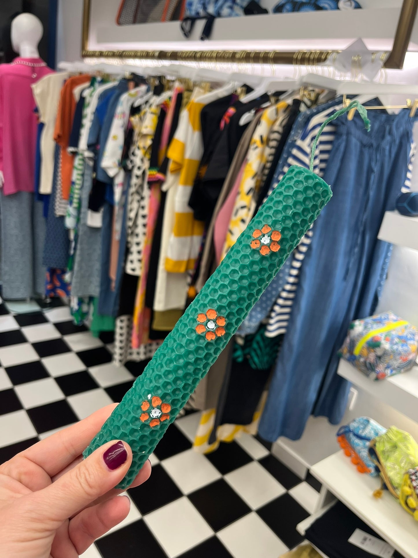 Easter candle handpainted beeswax green