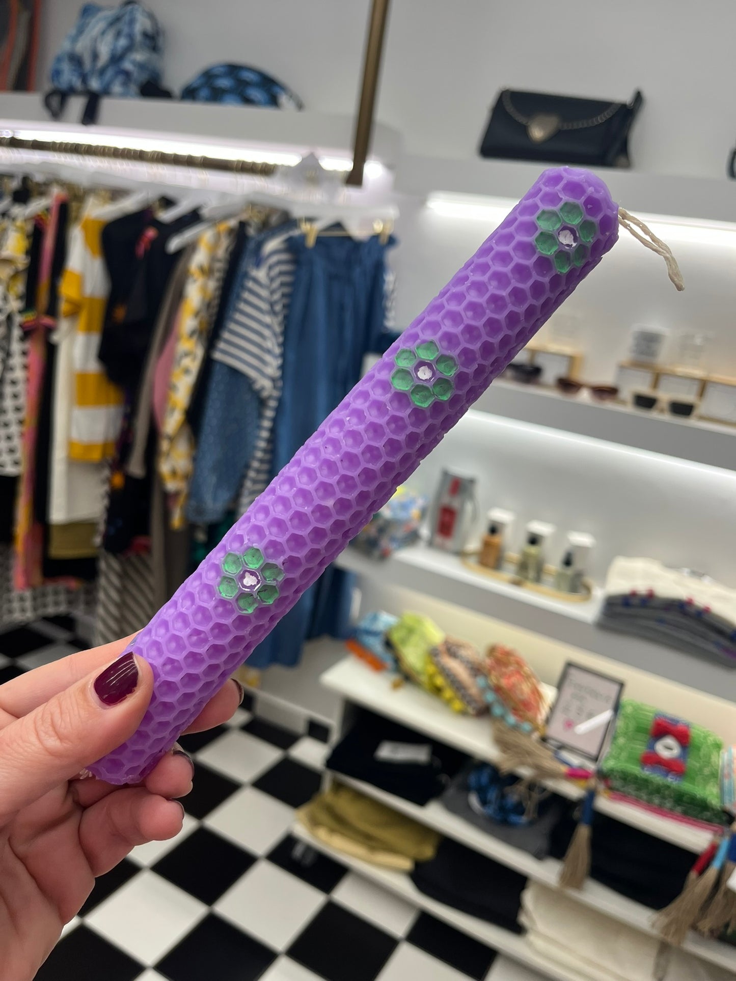 Easter candle handpainted beeswax purple