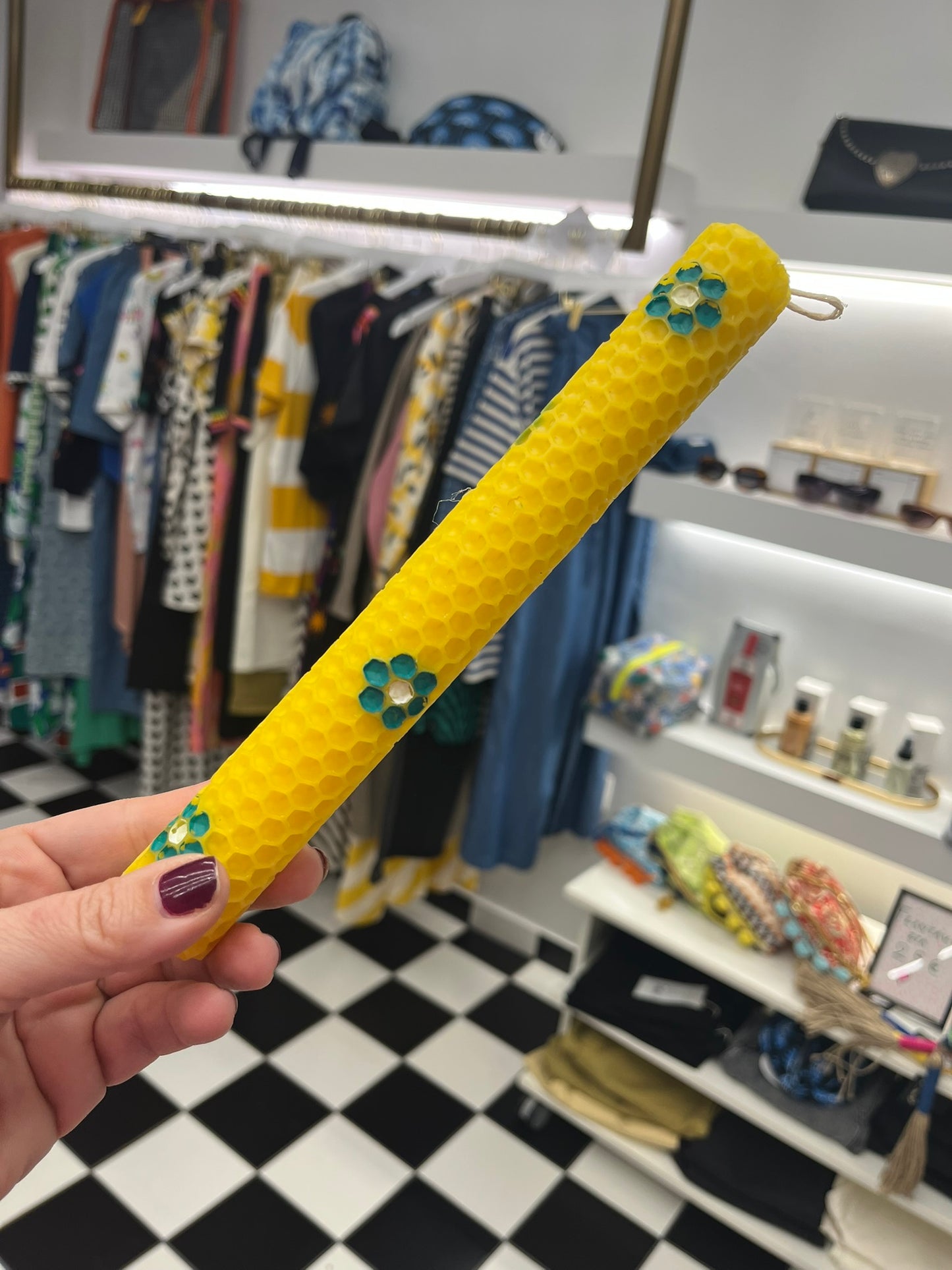 Easter candle handpainted beeswax yellow