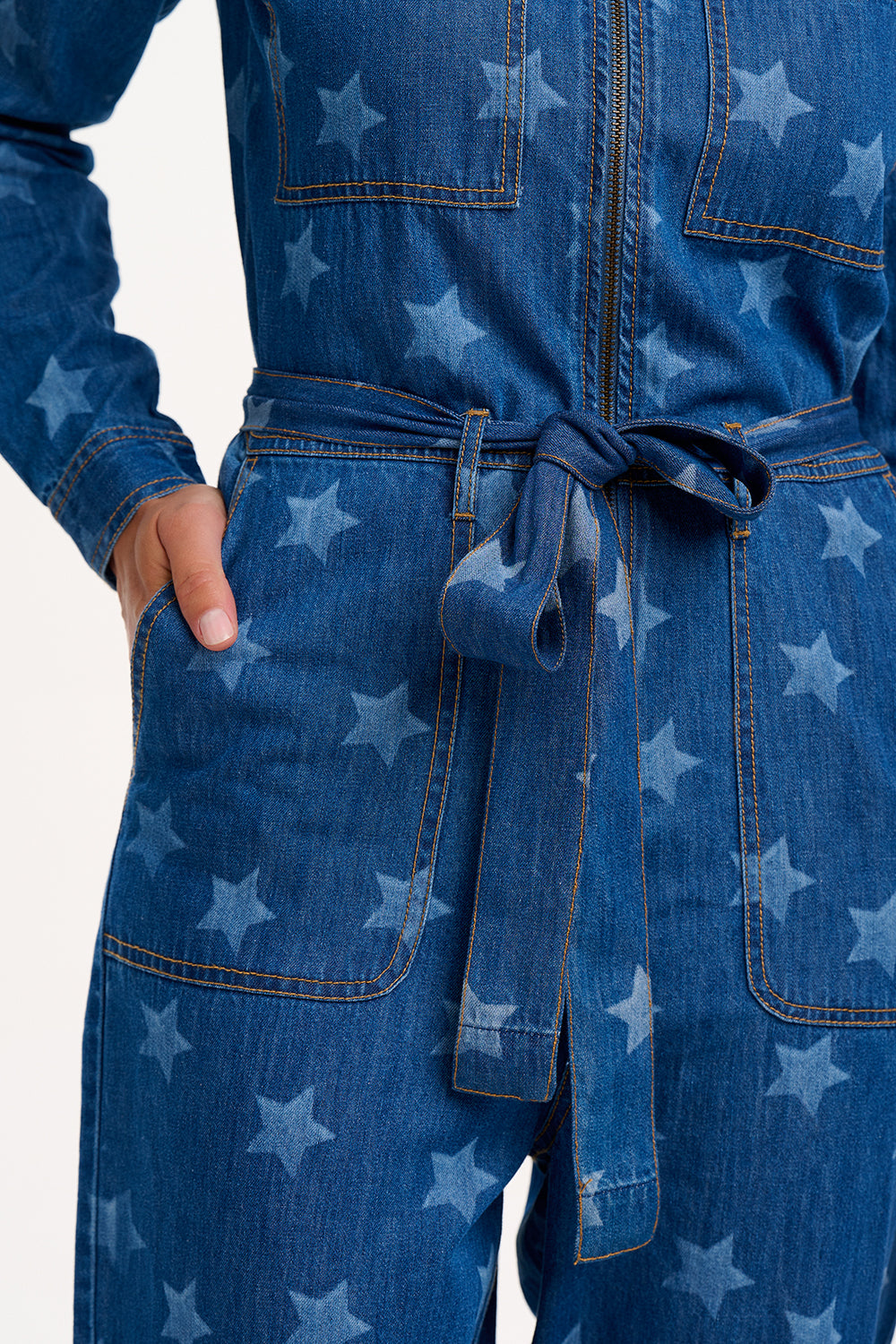 Anwen Boilersuit - Mid Blue Denim, Bleached Stars