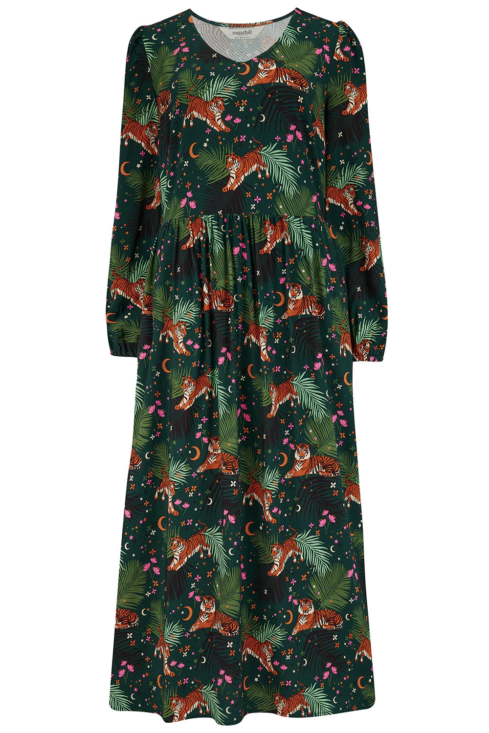 Sidney Midi Smock Dress - Dark Green, Tigers & Palms