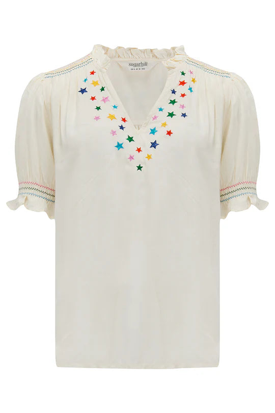 Haydee Shirred Top - Off White, Rainbow Stars