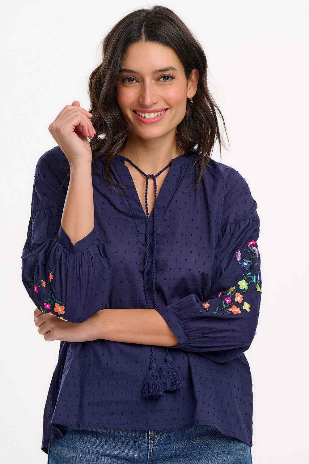 Delphi Boho Top - Navy, Rainbow Flowers