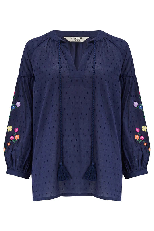Delphi Boho Top - Navy, Rainbow Flowers