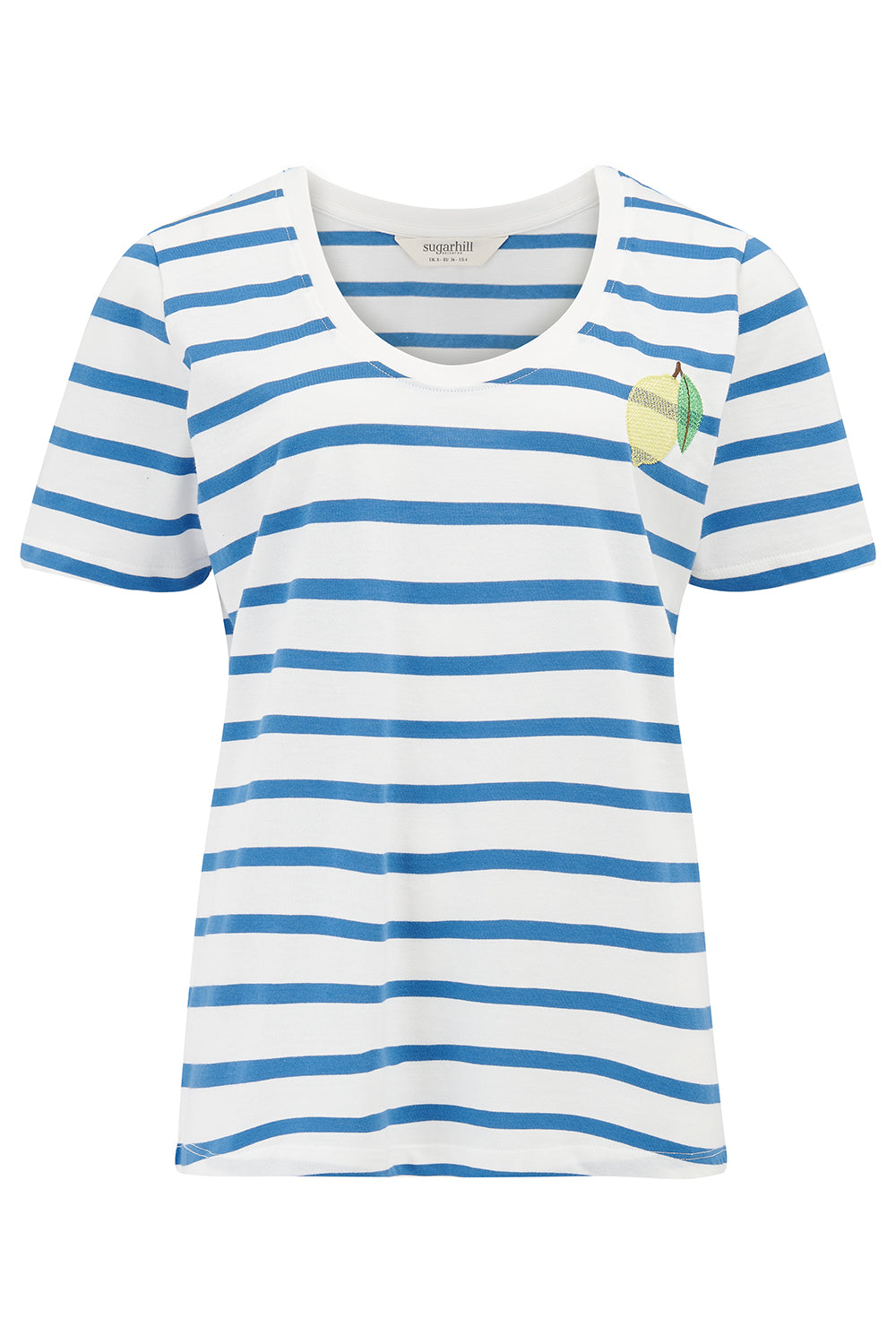 Sylvie Scoop Neck T-Shirt - Off White/Blue , Stripes & Lemon