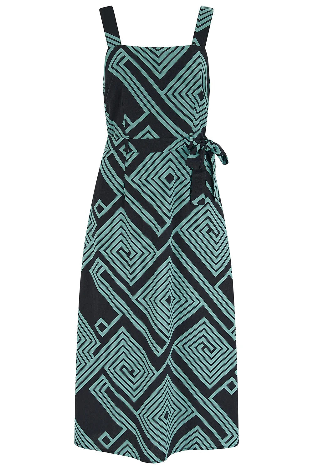 Elva Midi Sundress - Black/Green, Geometric Lines